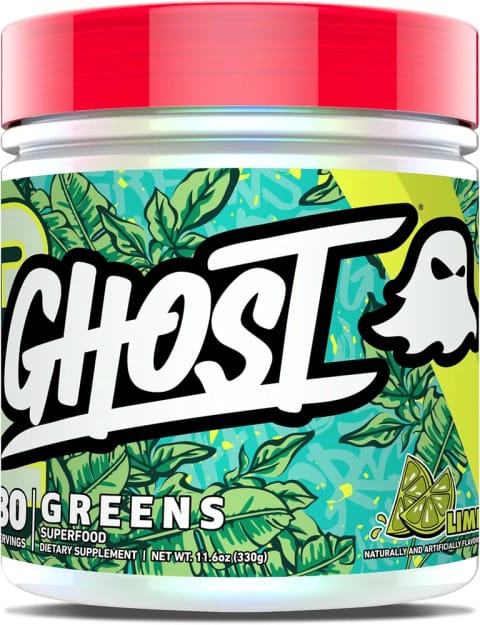 پودر GHOST Greens حاوی Spirulina، Chlorella، Prebiotics، ۱۰ میلیارد CFU Probiotic و آنزیم‌های گوارشی ۳۳۰ گرم
