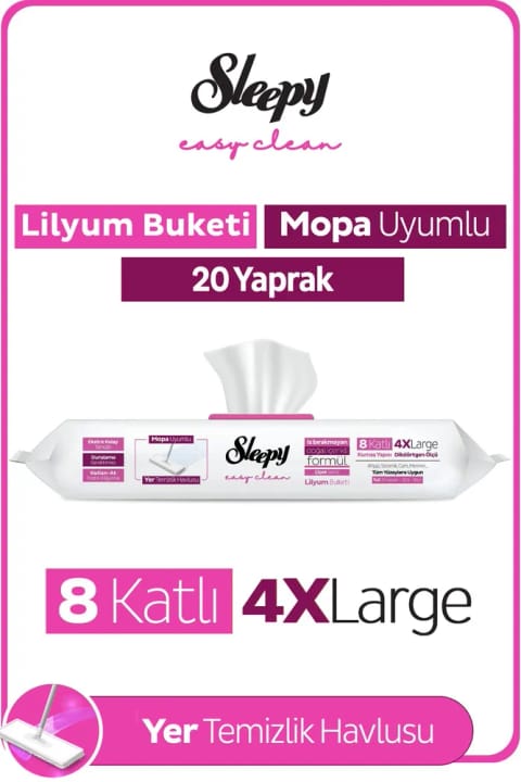 Sleepy Easy Clean دستمال تمیزکنندهٔ کف سازگار با تی، رایحهٔ لیلیوم، ۲۰ برگی