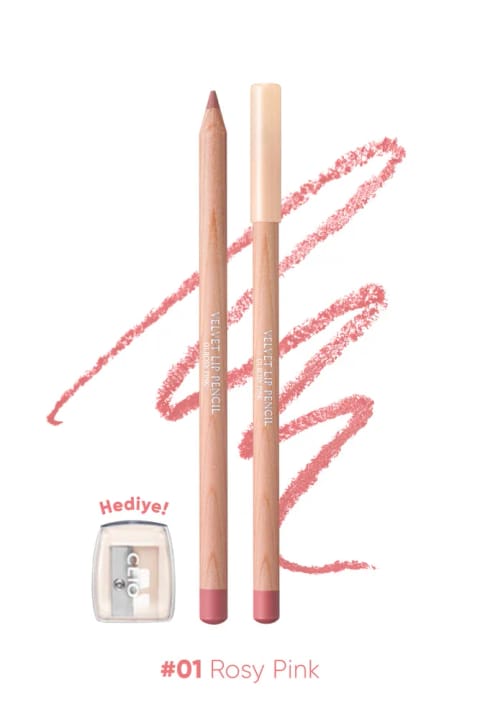CLIO مخمل لپ پنسیل ست مداد لب و تراش با فرمول کرمی — 01 Rosy Pink
