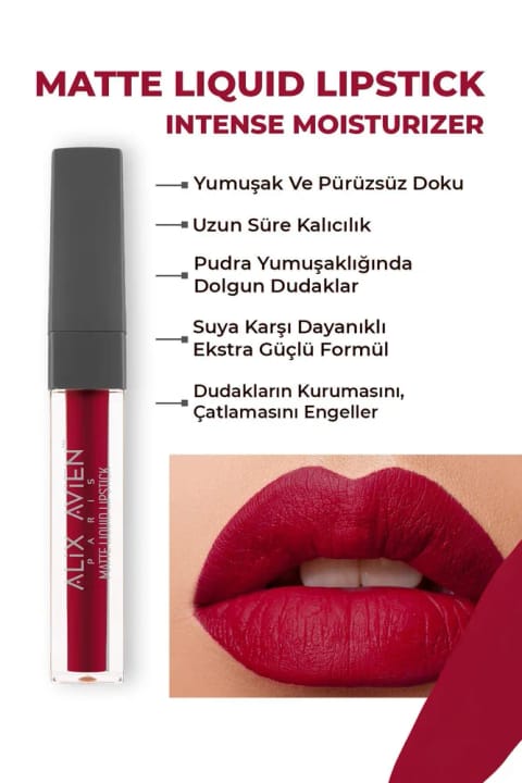 Alix Avien رژ لب مایع مات بلند ماندگار با بافت مخملی و بدون خشکی — 523 Berry Red