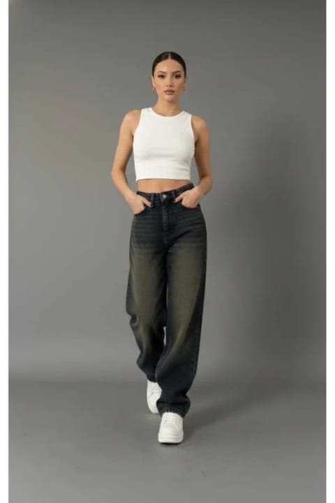 Livik Baggy Jeans با جزئیات سگک، سرمهای با تینت قهوهای، سوپر بالا...