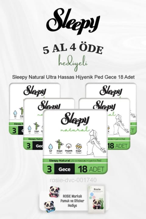 Sleepy Natural اولترا حساس نوار بهداشتی شبانه ۱۸ عددی (پیشنهاد ۵ بخر ۴ بپرداز) به همراه Rosie Pamuk