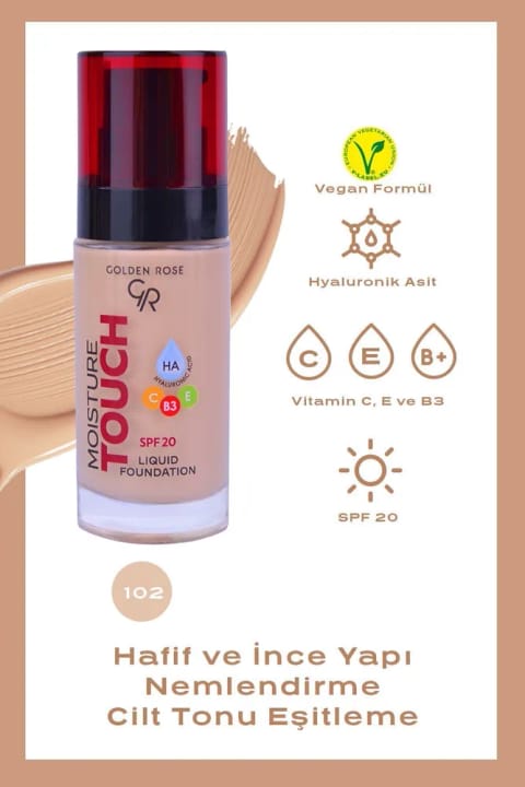 Golden Rose Moisture Touch Foundation No: 102 - مرطوب‌کننده با Hyaluronic Acid