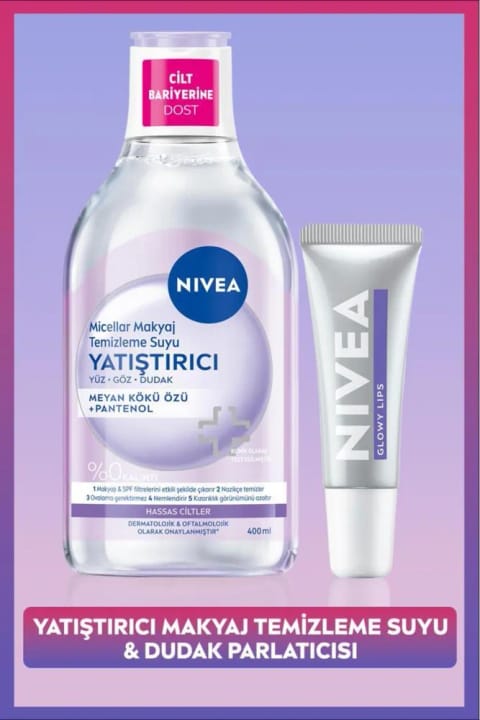 NIVEA تسکیندهنده میسلار واتر پاککننده آرایش 400ml و بالم لب گلووی لیپس