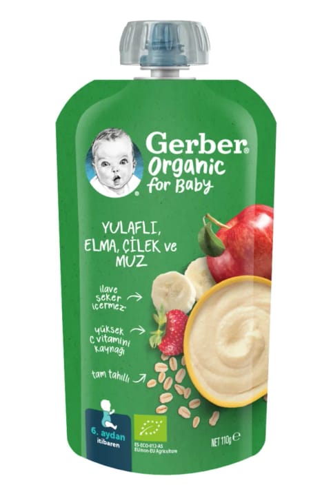 GERBER پوره ارگانیک سیب، توتفرنگی و موز با جو دوسر ۱۱۰ گرم