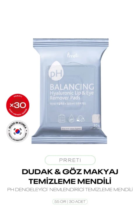 دستمال پاککننده آرایش لب و چشم Prreti حاوی Hyaluronic Acid و متعادلکننده pH