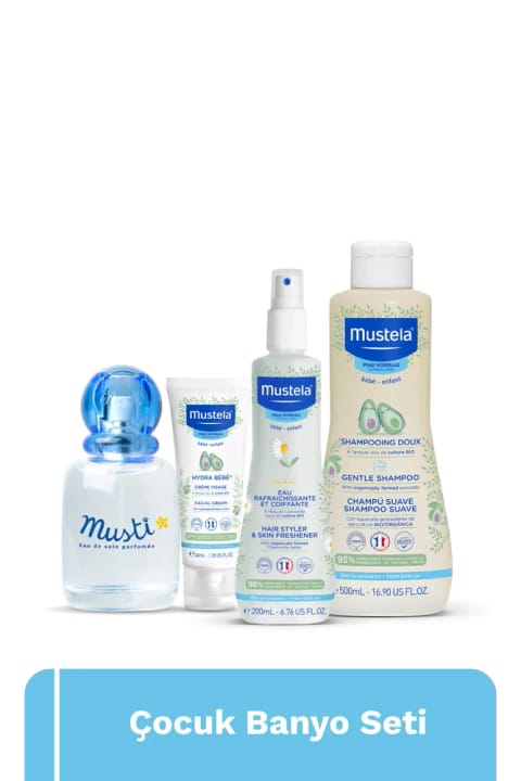 Mustela ست حمام کودک - شامپو با عصاره بابونه، اسپری مو، کرم صورت، بدون الکل...