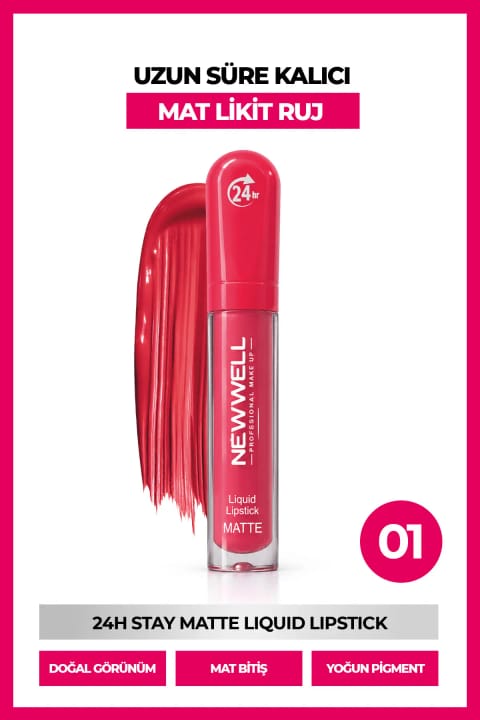 رژ لب مایع مات ماندگار New Well مدل 24H Stay Matte شماره 01 حجم 5.5 میلی‌لیتر