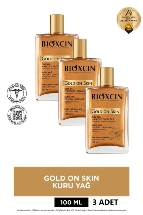 Bioxcin Gold On Skin روغن خشک درخشان طلایی برای مو، صورت و بدن (۳×۱۰۰ میلی‌لیتر)