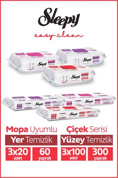 Sleepy Easy Clean گل سری 3X100 سطح و 3X20 زمین دستمال و پاککننده تمیزکننده
