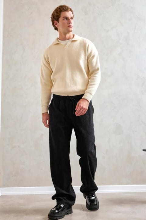 شلوار مخمل مردانه مدل Baggy کمرکش دار مشکی