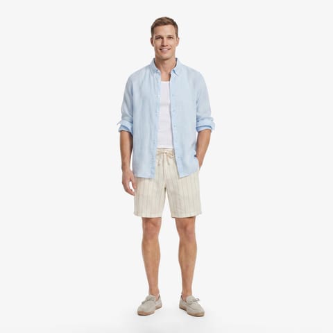 شورت کتان راهراه Nautica مدل Regular Fit رنگ کرم
