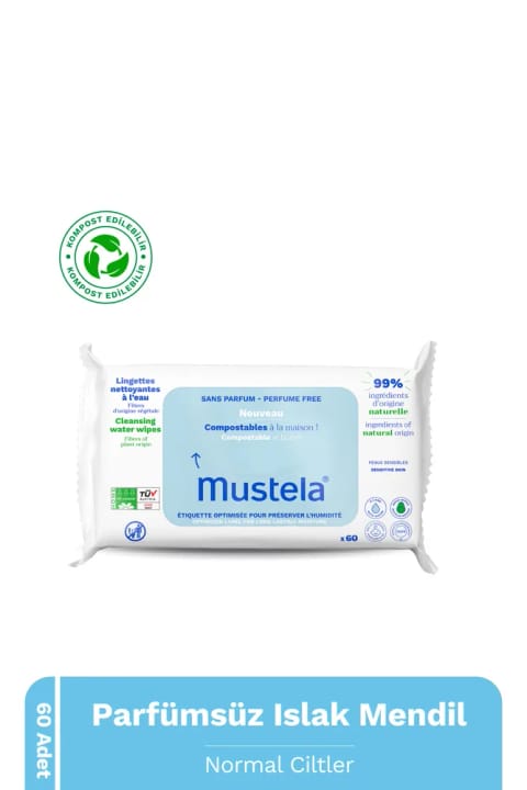 دستمال مرطوب کمپوستپذیر Mustela بدون عطر برای صورت و دست ۶۰ عددی