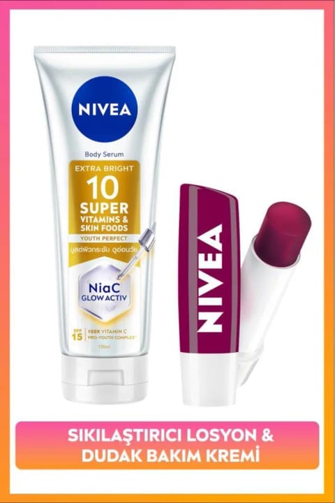 NIVEA SPF15 Super10 روشن‌کننده و سفت‌کننده لوسیون بدن ۱۷۰ml و رژ لب
