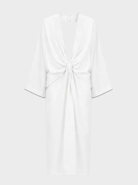 پیراهن یقه‌دار بلند با جزئیات پیچ‌خورده کمر، نوار کنتراست و چاک - سفید
