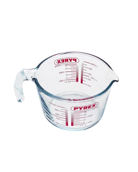ظرف پیمانه‌ای Pyrex با درپوش شیشه‌ای ۱ لیتری قرمز