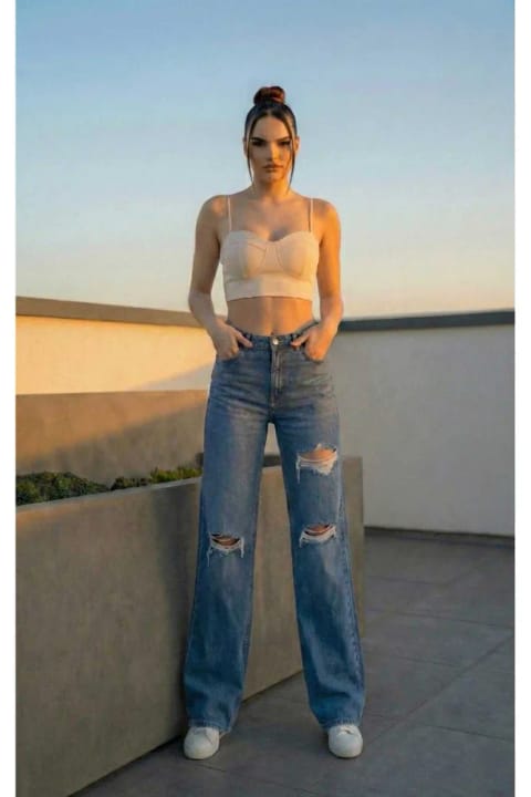 Lighter Jeans شلوار جین زنانه نرم، ۳ پاره، آبی روشن، کمر بسیار بالا، لیکرا، دمپا گشاد...