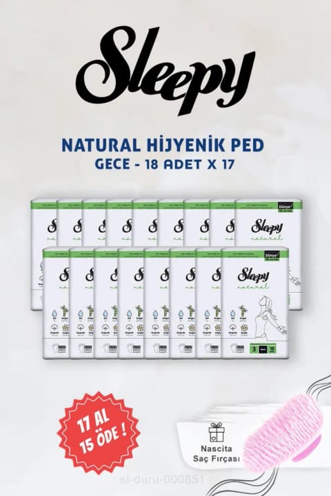 پد شبانه Sleepy Natural Ultra بهداشتی ۱۸ عددی مدل 17 AL 15 ÖDE همراه با برس مو