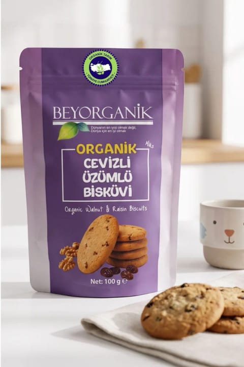 BEYORGANİK بیسکویت ارگانیک مخلوط با گردو و کشمش ۱۰۰ گرم