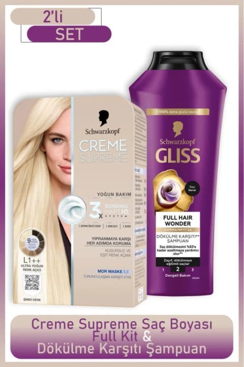 Schwarzkopf Creme Supreme Full Kit L1++ رنگ‌بر + Gliss ضد ریزش مو...