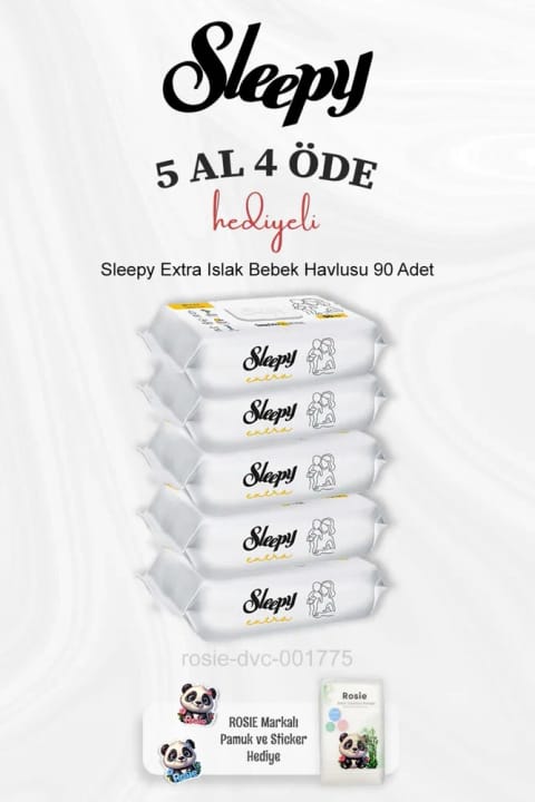 Sleepy Extra دستمال مرطوب کودک ۹۰ عددی — ۵ بسته، همراه پنبهٔ Rosie