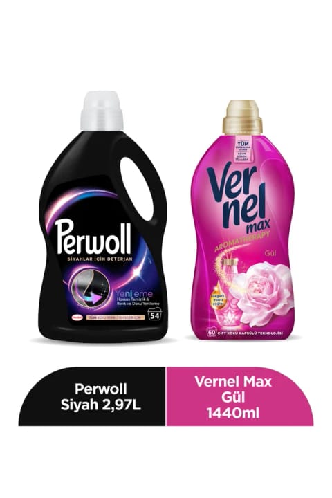 Perwoll مایع لباسشویی مخصوص لباس مشکی ۲.۹۷ لیتر + Max نرمکننده گل رز ۱۴۴۰ میلیلیتر – ...