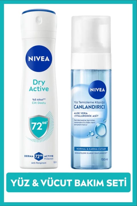 NIVEA زنانه اسپری دئودورانت Dry Active 150ml و فوم پاک‌کننده صورت