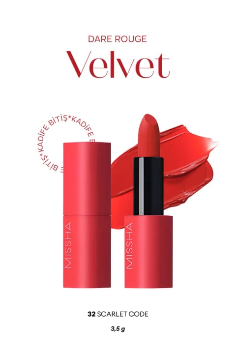 رژ لب Missha Dare Rouge Velvet با رنگدانه غنی، افکت محو کنندگی و پایانی مخملی مرطوب — 32 Scarlet Code