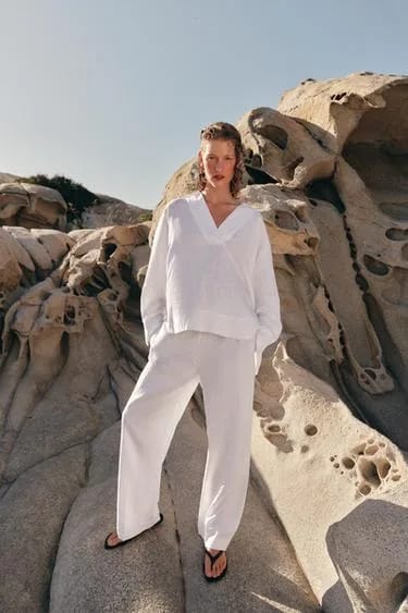 Zara شلوار راسته ترکیب کتان