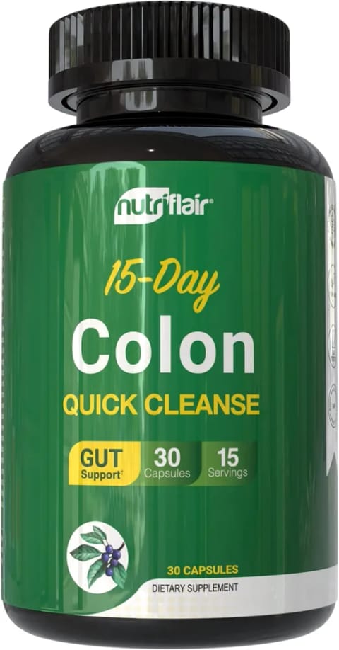 NutriFlair کولون کلینز ۱۵ روزه دیتاکس روده با Cascara Sagrada، Senna Leaf، Psyllium Husk و Probiotics Lactobacillus — ۳۰ کپسول