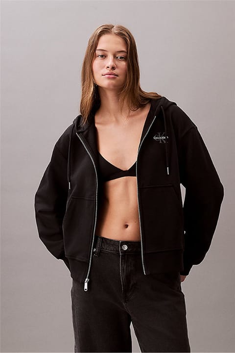 سویشرت بافت زنانه Calvin Klein مدل Boyfriend Fit کلاه‌دار زیپ‌دار - مشکی