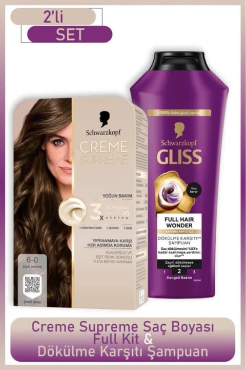 Schwarzkopf Creme Supreme کیت کامل 6-0 قهوه‌ای روشن + Gliss Full Hair Wonder Sa...