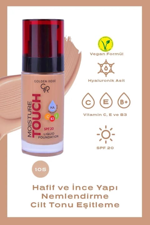 Golden Rose کرم پودر Moisture Touch شماره 105 - مرطوبکننده حاوی Hyaluronic Acid