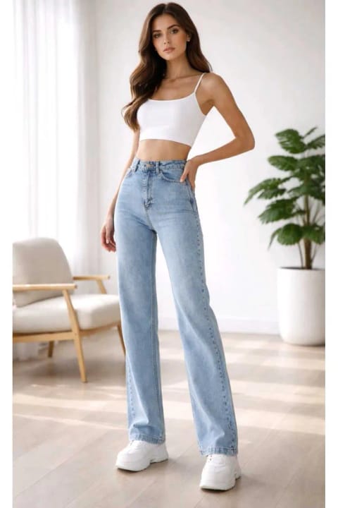 Trn JNS 90's Snow Wash Blue Lycra Super High Waist Loose Palazzo Jeans