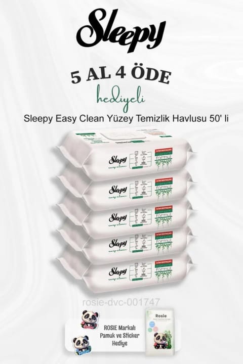 Sleepy Easy Clean دستمال تمیزکننده سطوح 50 عددی (بستهٔ ۵ عددی) و Rosie Pamuk