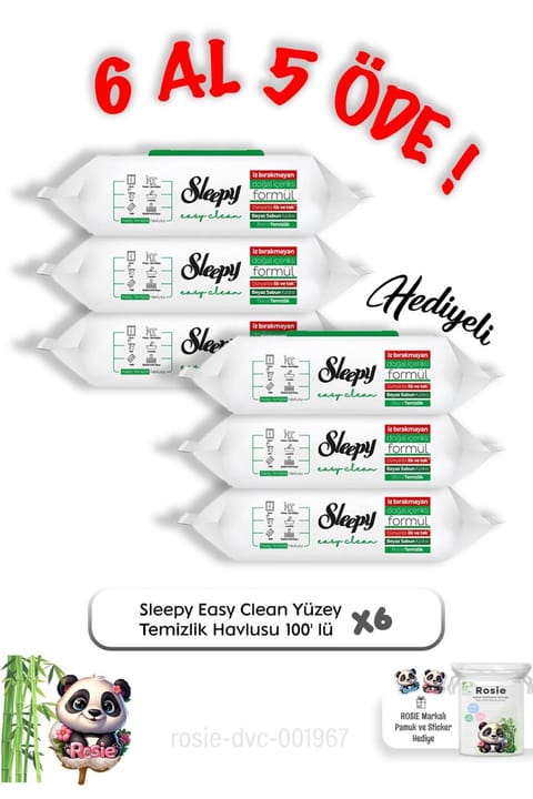 Sleepy Easy Clean دستمال تمیزکننده سطوح 100 عددی (بستهٔ ۶ عددی) و پنبه Rosie