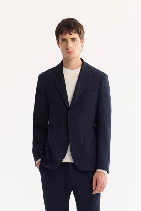 کت بلیزر آبی‌سرمه‌ای یقه‌معمولی Bi-Stretch با راه‌راه‌های ظریف