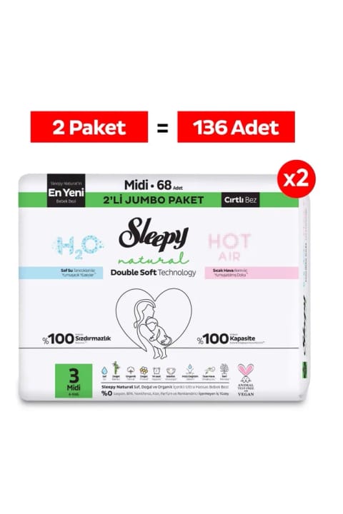 Sleepy Natural Double Soft بسته بزرگ مقرون‌به‌صرفه پوشک بچه سایز ۳ سایز متوسط ۱۳۶ عددی