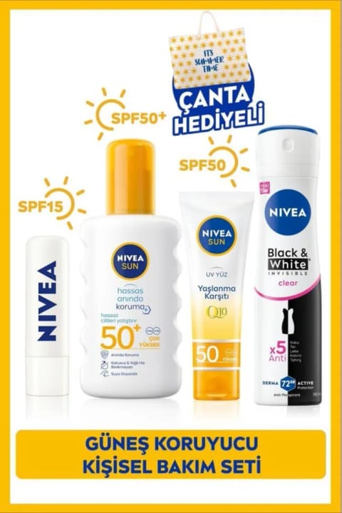 NIVEA SUN SPF50 حساس ست ضدآفتاب، اسپری بدن، کرم صورت، دئودورانت...