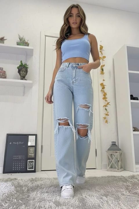 NWC Aşk 90's شلوار زنانه لیکرا دار گشاد یخ آبی با ۳ بریدگی و کمر فوق العاده بلند و پاچه واید