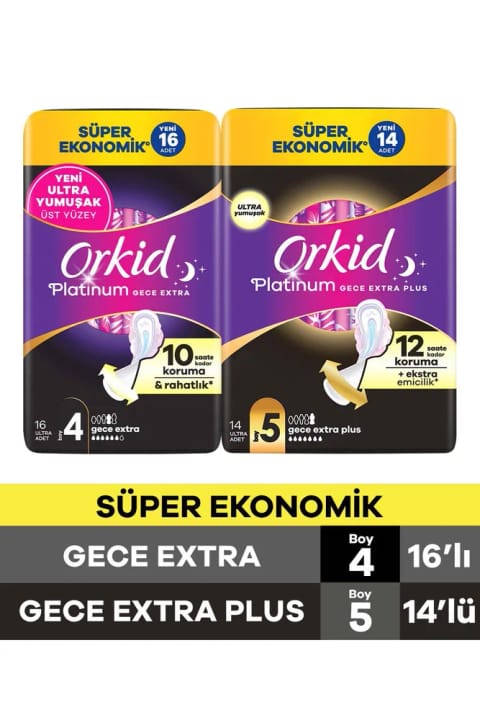 Orkid Platinum شبانه Extra (سایز 4) 16 عدد + شبانه Extra Plus (سایز 5) 14 عدد