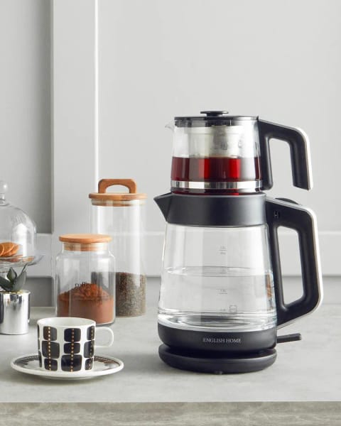 چای‌ساز شیشه‌ای و کتری English Home مدل CMK 6001، ۲ لیتر، مشکی-کروم