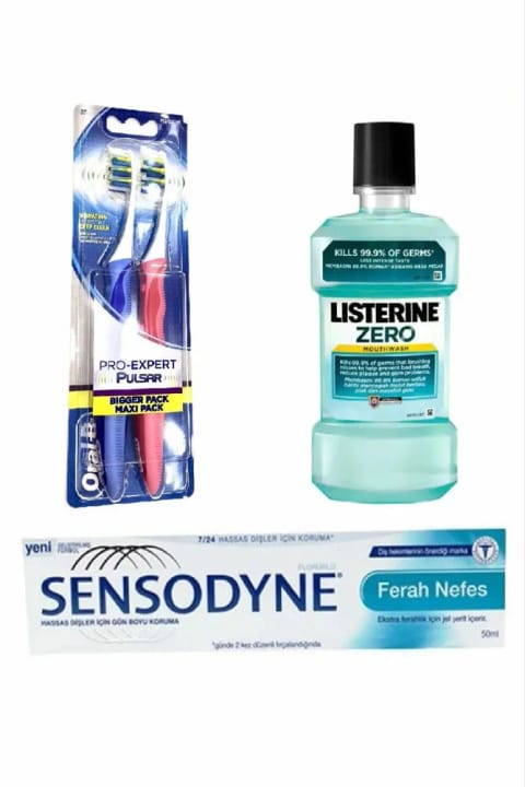 ست مراقبت دهان و دندان Oral-B - مسواک باتریخور Oral B 2، خمیردندان Sensodyne، دهانشویه Listerine