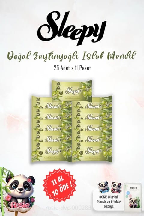 Sleepy 11 AL 10 ÖDE Sleepy دستمال مرطوب طبیعی با روغن زیتون ۲۵ عددی و ROSIE
