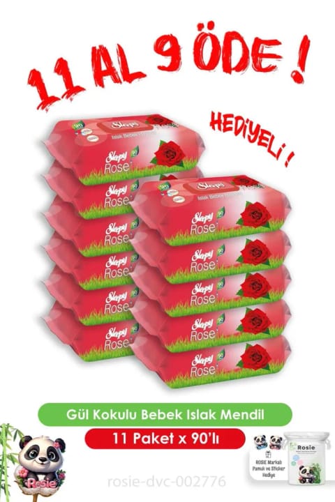 Sleepy دستمال مرطوب کودک با رایحهٔ گل رز ۹۰ عددی — ۱۱ بسته، همراه هدیهٔ Rosie