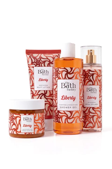 THE BATH FACTORY Liberty ست حمام (شاور ژل + اسپری بدن + لوسیون بدن + اسکراب بدن)