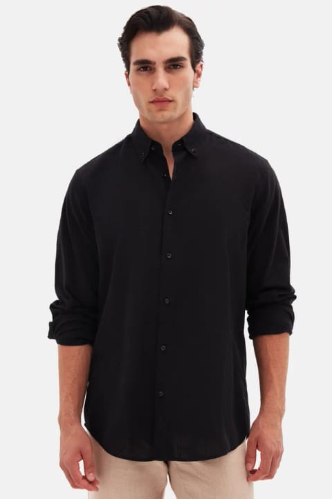 D'S Damat Comfort مشکی یقه دکمهای برش راحت ظاهر کتان %10...