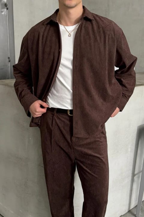 پیراهن مخمل مردانه مدل Oversize رنگ قهوه‌ای