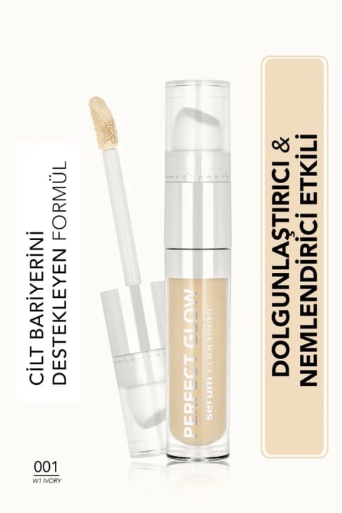 Flormar Perfect Glow Serum مرطوبکننده کانسیلر با پوشش بالا و اپلیکاتور اسفنجی — 001 W1 Ivory