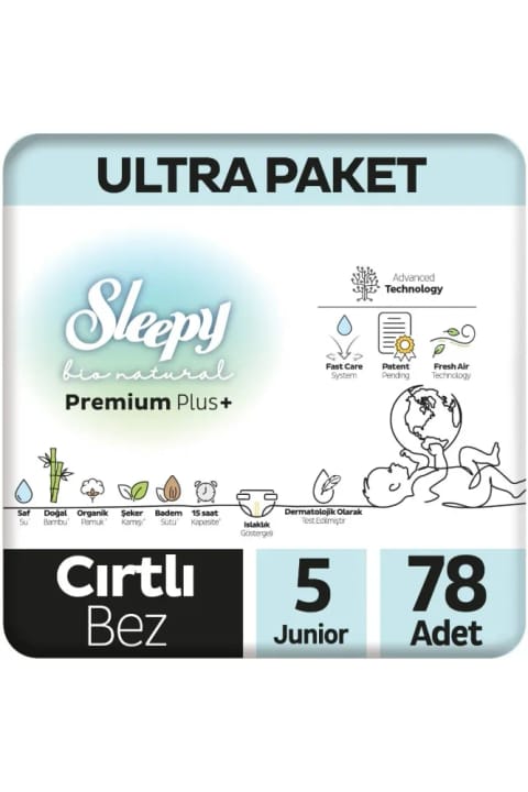 پوشک بچه Sleepy Bio Natural Premium Plus Ultra پاکتی سایز ۵ جونیور ۷۸ عددی
